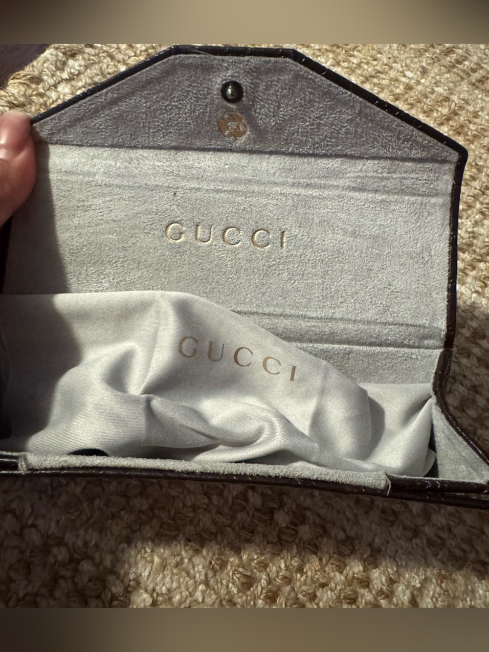 Gucci Light Gray Suede Glasses Case Brown with Gold Logo